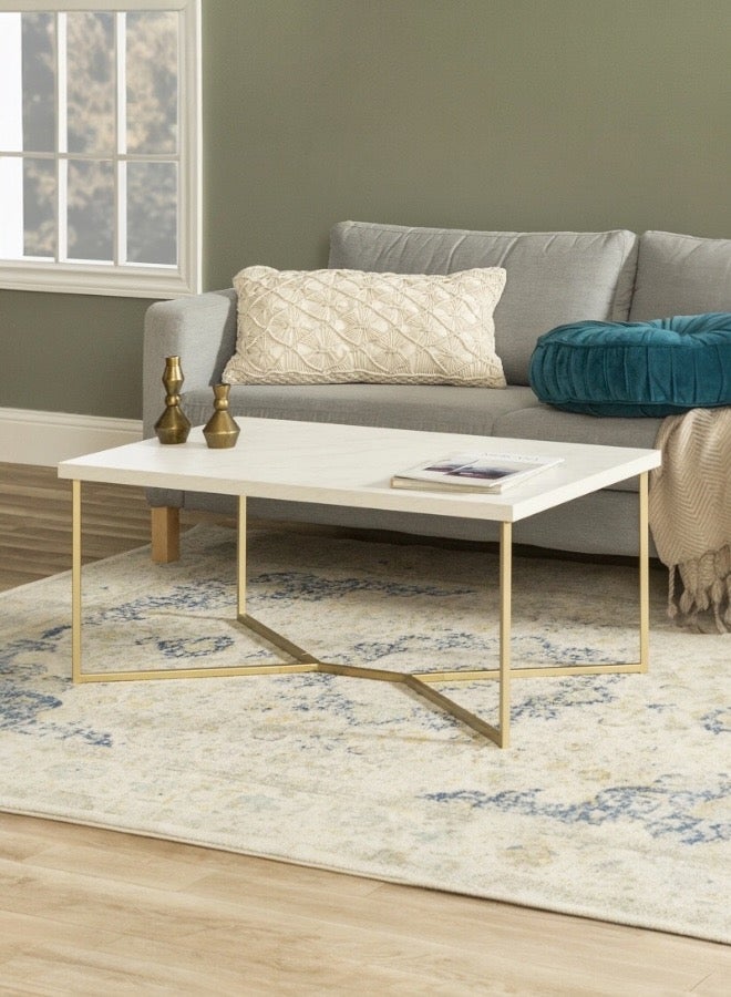 Mobellya Modern Coffee Table with white Wooden Surface  Top and Gold Metal Frame Table  - Minimalist Design - Image 1